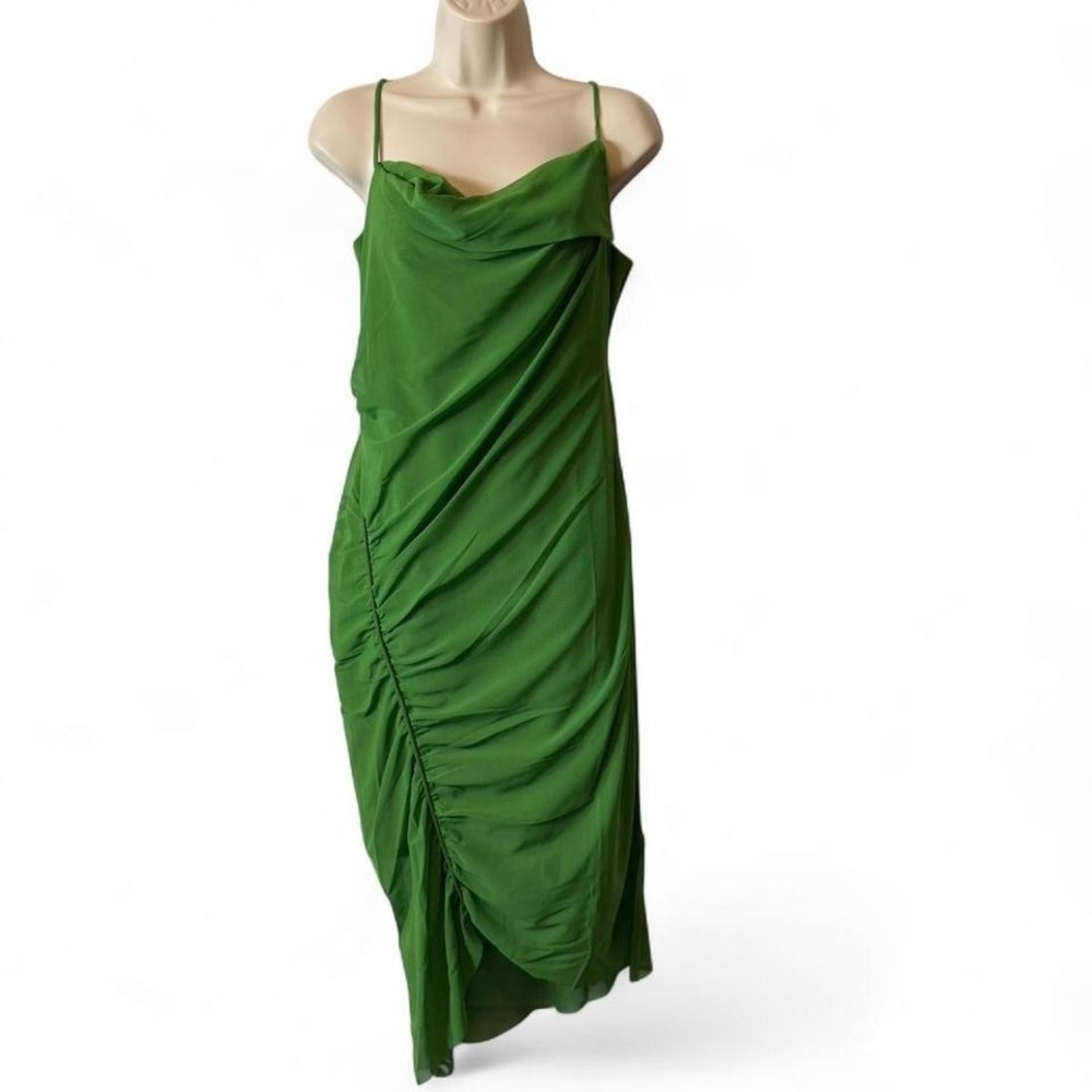 AllSaints Green Ruched‎ Mesh Midi Slip Dress, Women's Size 8